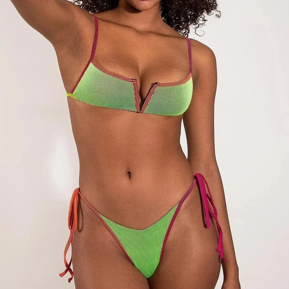 NWT OneOne Swimwear Bikini SET Sumbawa Ivanna Marley Skimpy Green Red Ribbed New